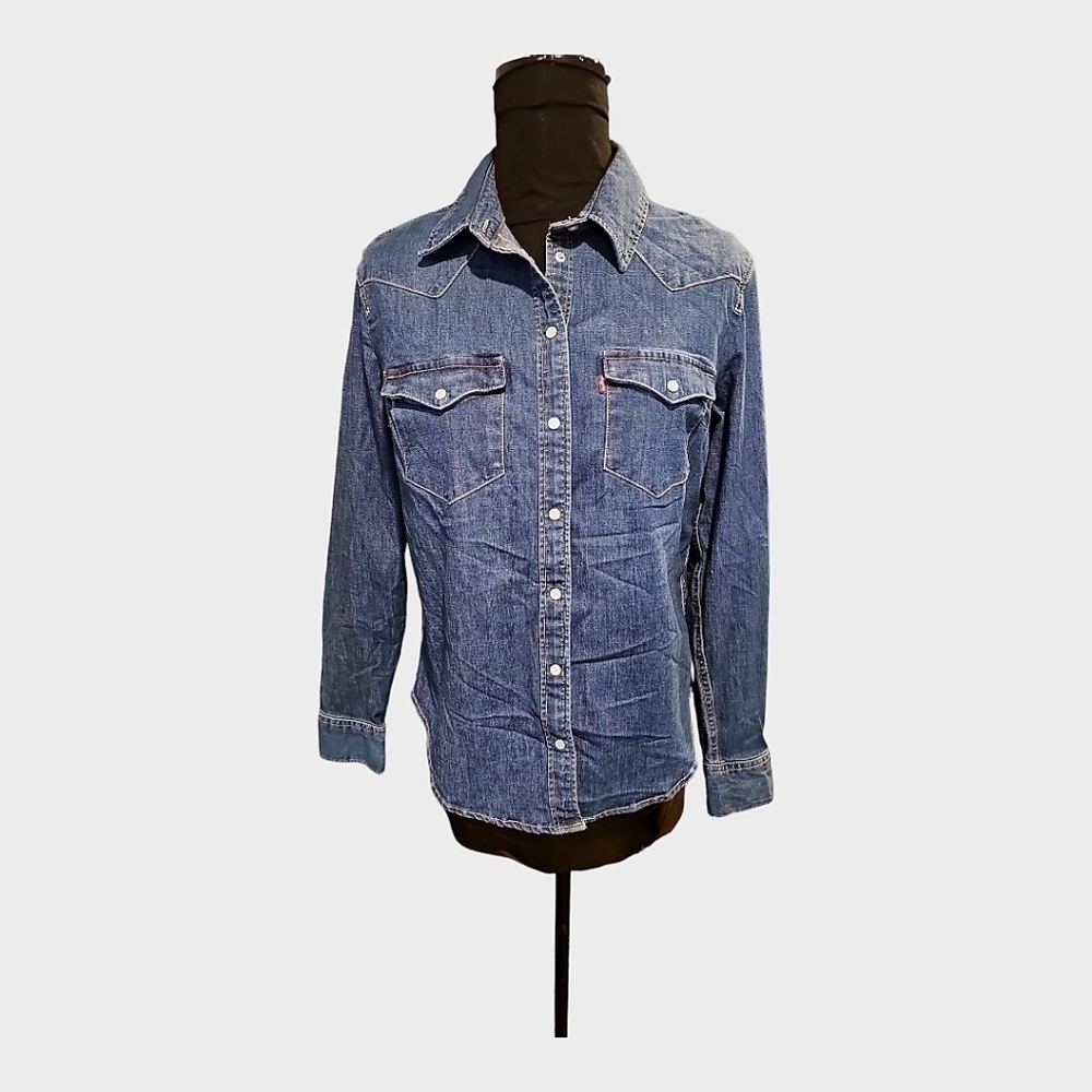 WOMEN'S Levi Strauss & Co Ultimate Western Cotton Denim Shirt Sz M L - Picture 4 of 13